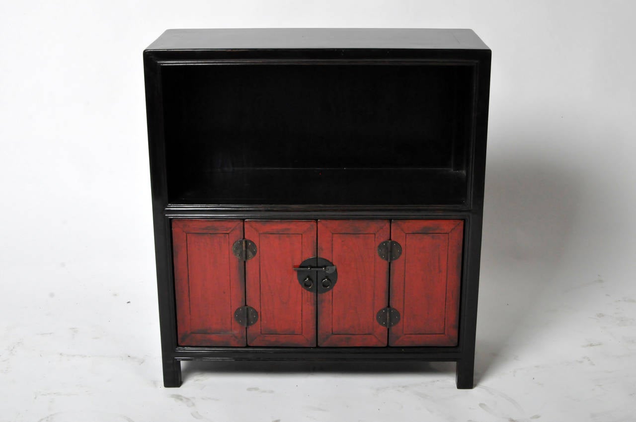 Qing Red and Black Lacquered Cabinet with Display Shelf