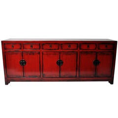 Antique 19th Century Red Sideboard with Triple Doors and Six Drawers
