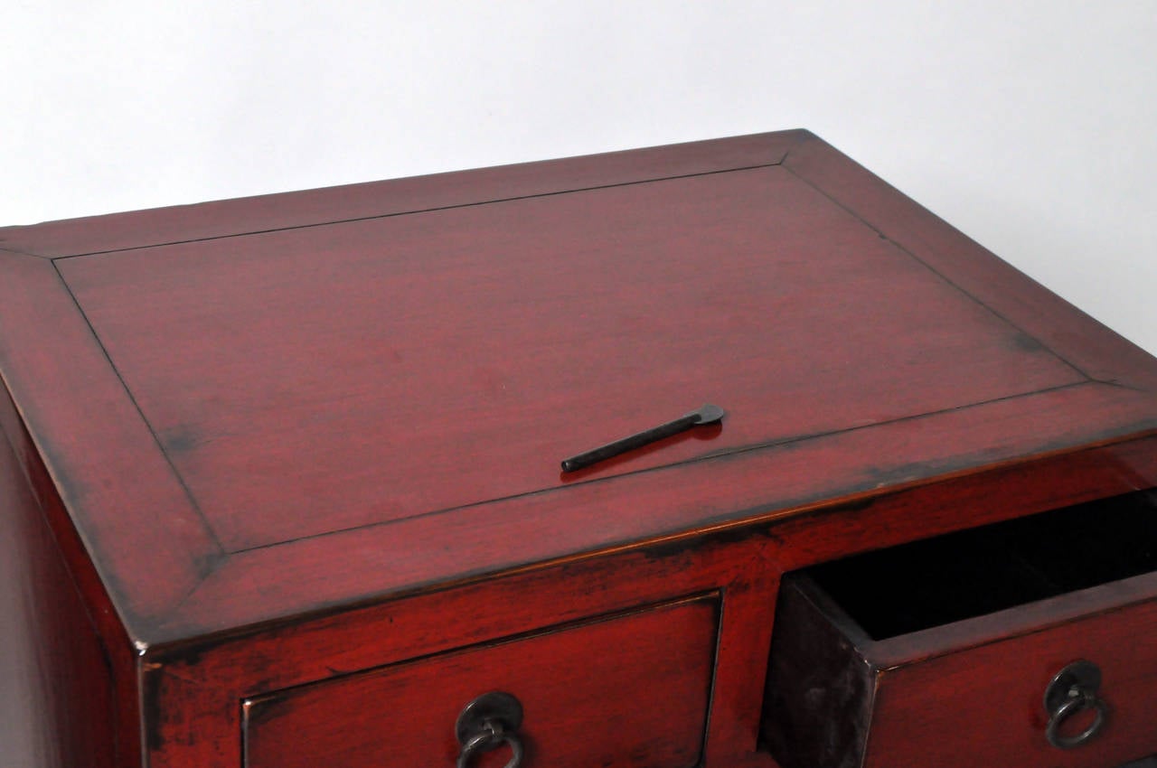 Elm A Red Lacquered, Chinese Bedside Chest