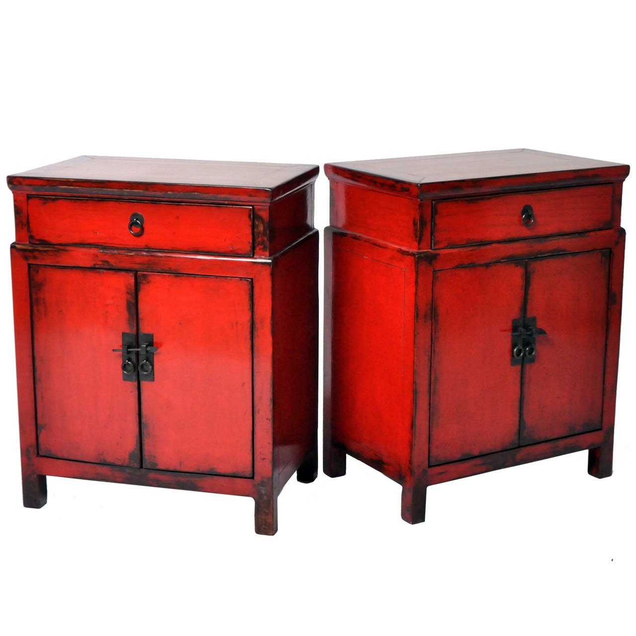 Pair of Red Lacquered Bedside Chests