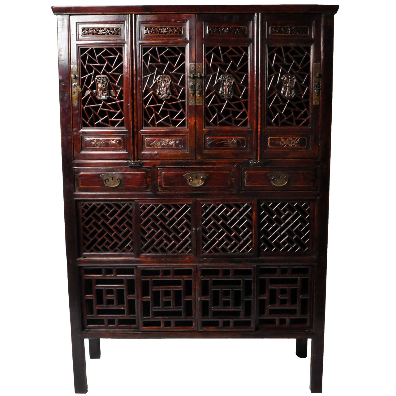 Mid-19th Century Ox Blood Lacquered Cabinet with Lattice Doors