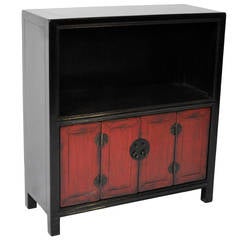 Antique Red and Black Lacquered Cabinet with Display Shelf