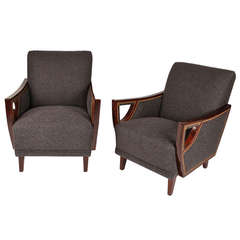 Pair of Beech Wood Armchairs with New Upholstery