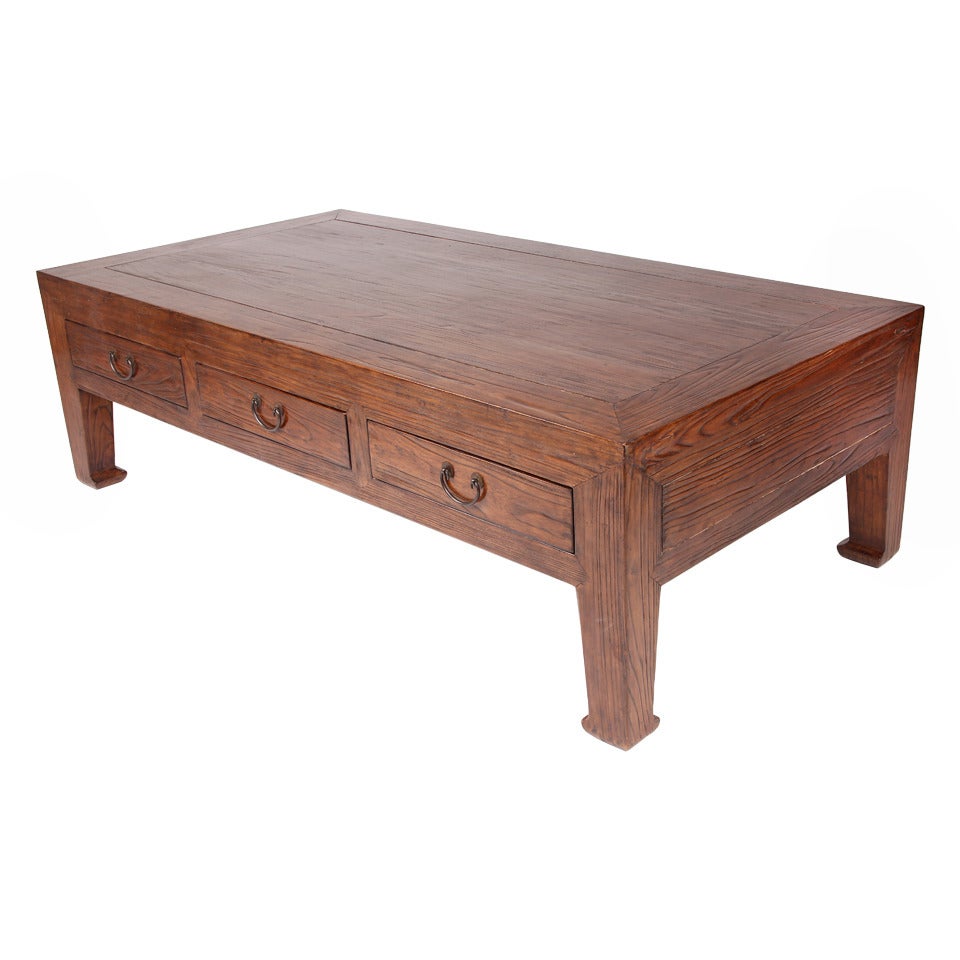 19th Century Elm Wood Coffee Table with Three Drawers