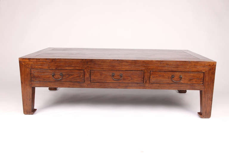 Chinese 19th Century Elm Wood Coffee Table with Three Drawers