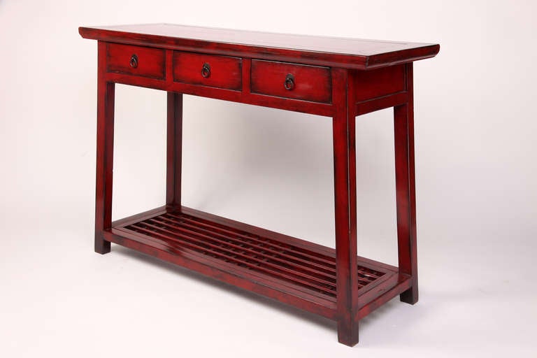 Chinese 19th Century Console Table with Three Drawers and Lattice Shelf