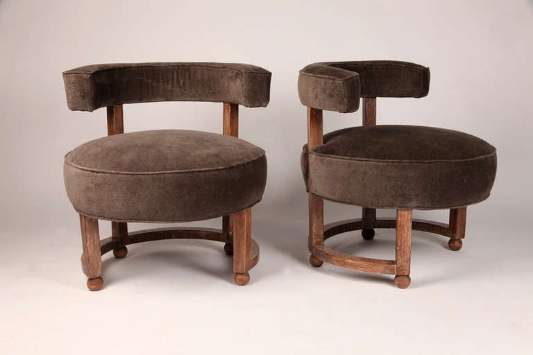 These Hungarian round back chairs are from Budapest c. 1940 and is made from solid oak wood. They have new upholstery on them with original oak wood patina.