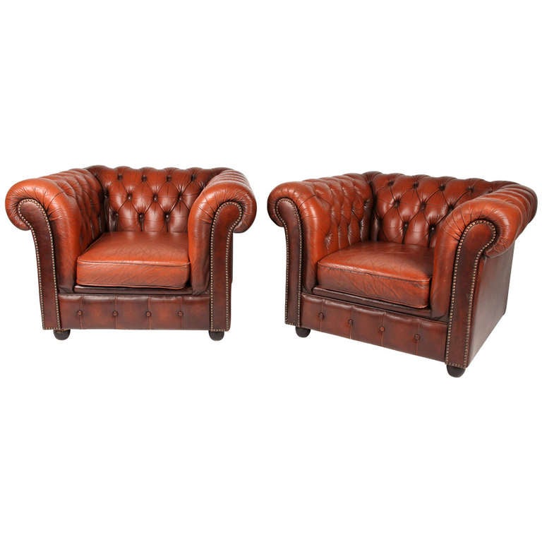 Pair of English Leather Club Chairs at 1stDibs