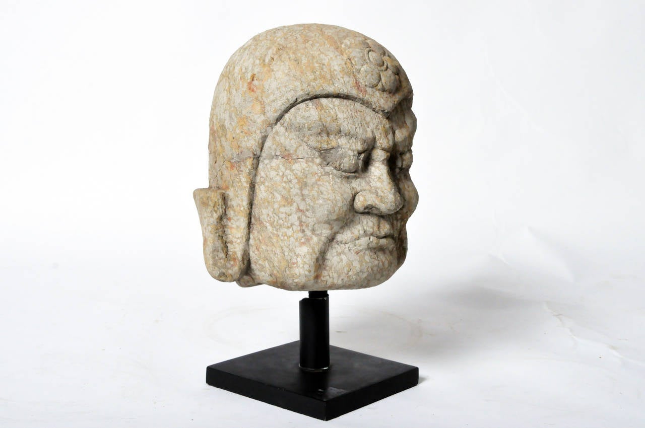Chinese Stone Head Carving of a Warrior