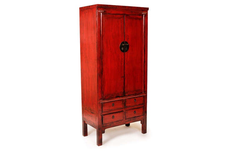 19th Century Chinese Red Lacquered Cabinet with Four Drawers