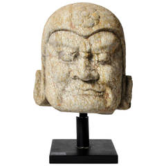 Chinese Stone Head Carving of a Warrior