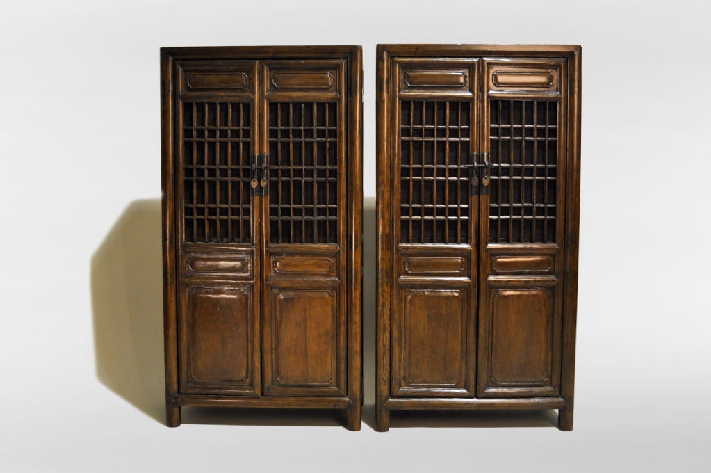 Pair of Chinese Cabinets with Lattice Panel Doors In Excellent Condition In Chicago, IL