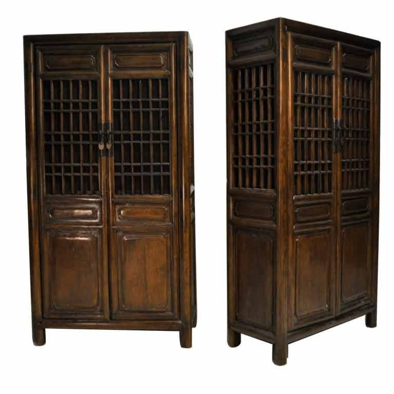 Pair of Chinese Cabinets with Lattice Panel Doors