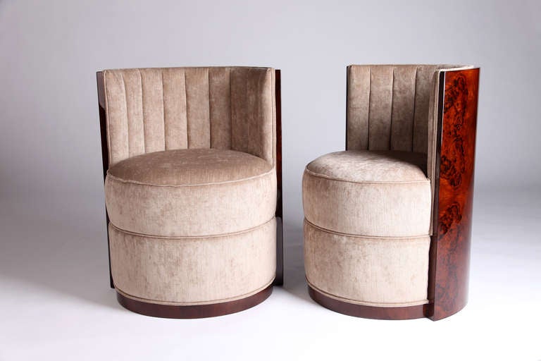 These petite barrel chairs feature a curved walnut veneer back and updated upholstery. 

ONLY ONE AVAILABLE