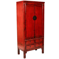 19th Century Chinese Red Lacquered Cabinet with Four Drawers