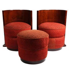 A pair of Round Back Barrel Chairs and Round Stool with Original Upholstry