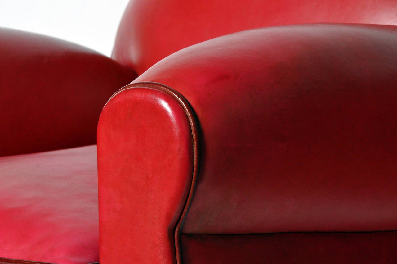 Pair of Red Round Back Leather Club Chairs 1