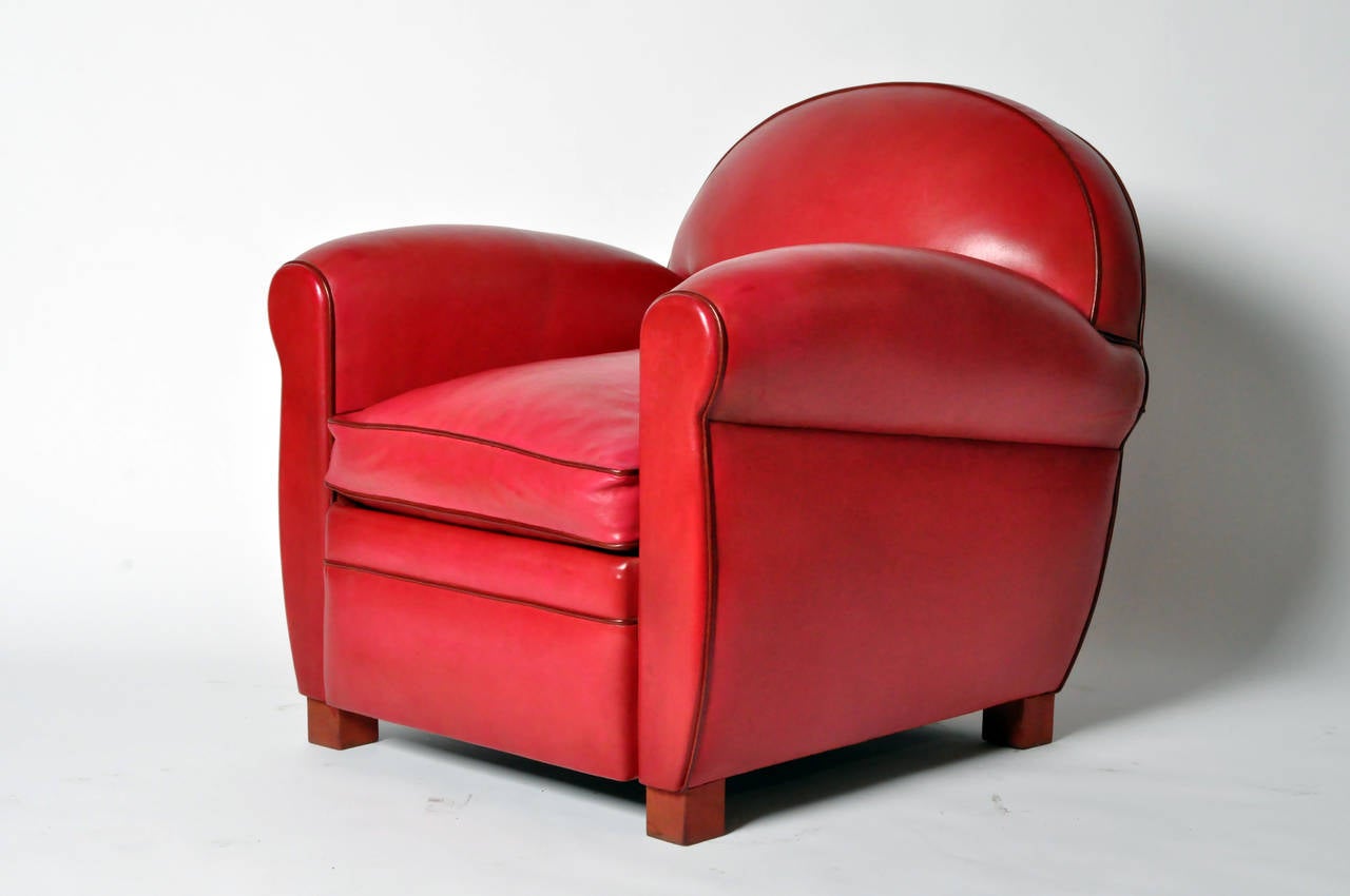 French Pair of Red Round Back Leather Club Chairs