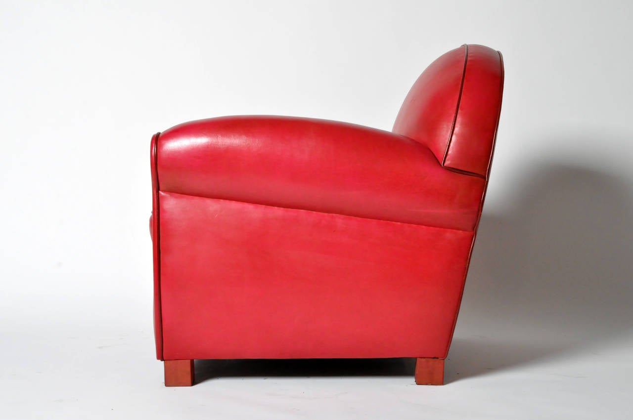Pair of Red Round Back Leather Club Chairs In Excellent Condition In Chicago, IL