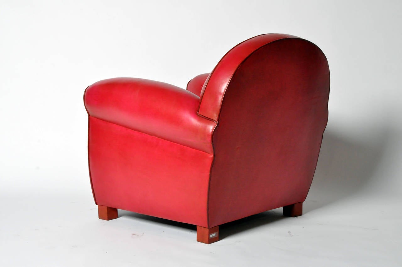 Contemporary Pair of Red Round Back Leather Club Chairs