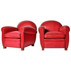 Pair of Red Round Back Leather Club Chairs