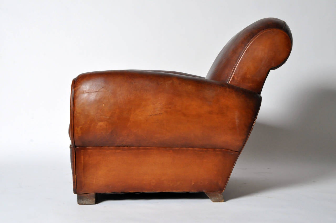 Vintage French Leather Club Chair In Good Condition In Chicago, IL
