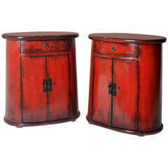 Antique 19th Century Pair of Oval Side Chests with Red Lacquer