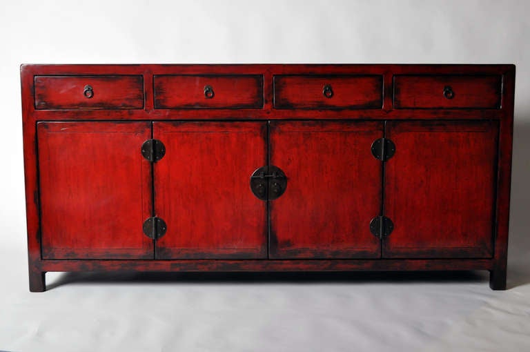 Chinese 19th Century Red Lacquered Side Chest with Four Drawers