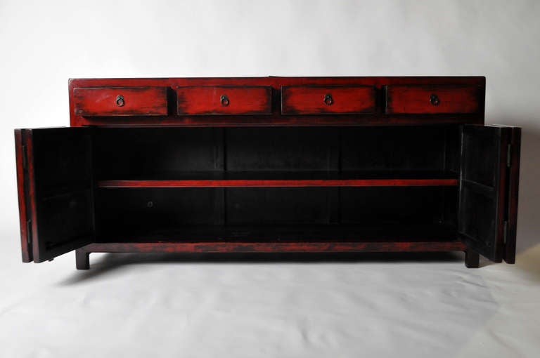 Elm 19th Century Red Lacquered Side Chest with Four Drawers