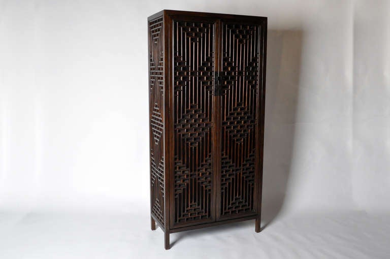 Pair of 19th Century Chinese Cabinets with Lattice Doors In Excellent Condition In Chicago, IL