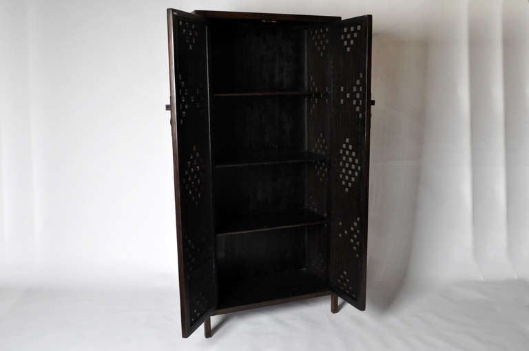 Elm Pair of 19th Century Chinese Cabinets with Lattice Doors