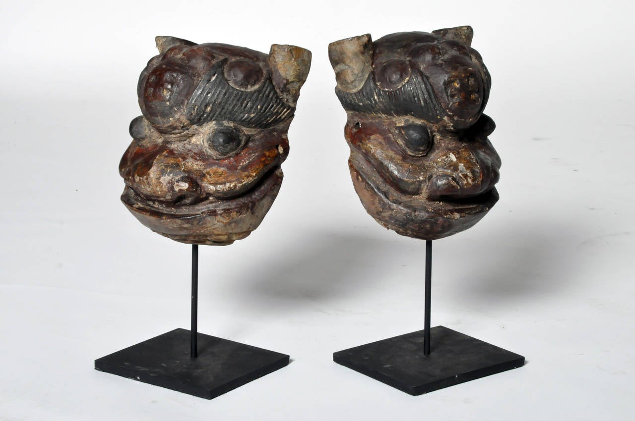 20th Century Carved Chinese Masks on Stands