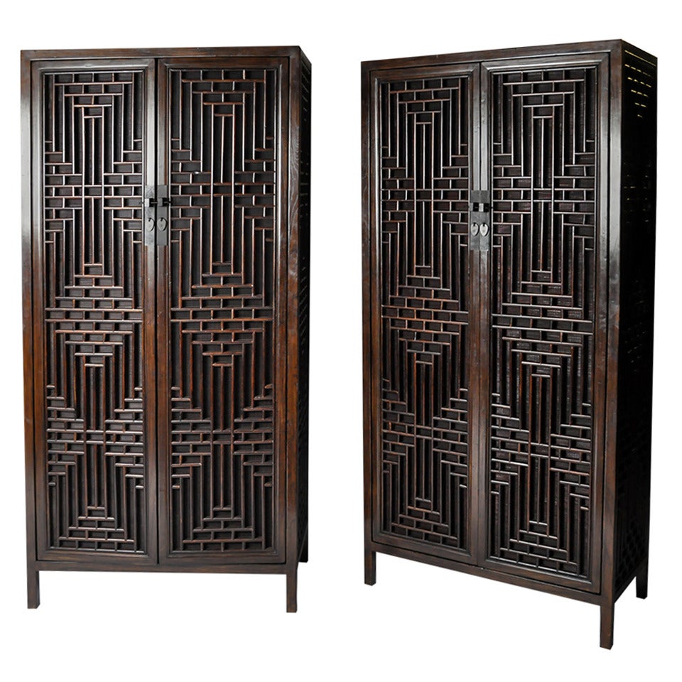 Pair of 19th Century Chinese Cabinets with Lattice Doors