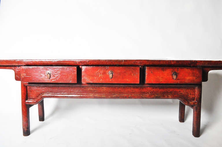 Chinese Red Lacquer Three-Drawer Coffer In Good Condition In Chicago, IL