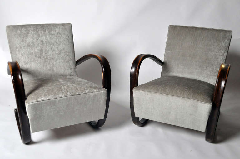 This pair of club chairs was designed by Jindrich Halabala and made in Czech Republic in circa 1940.