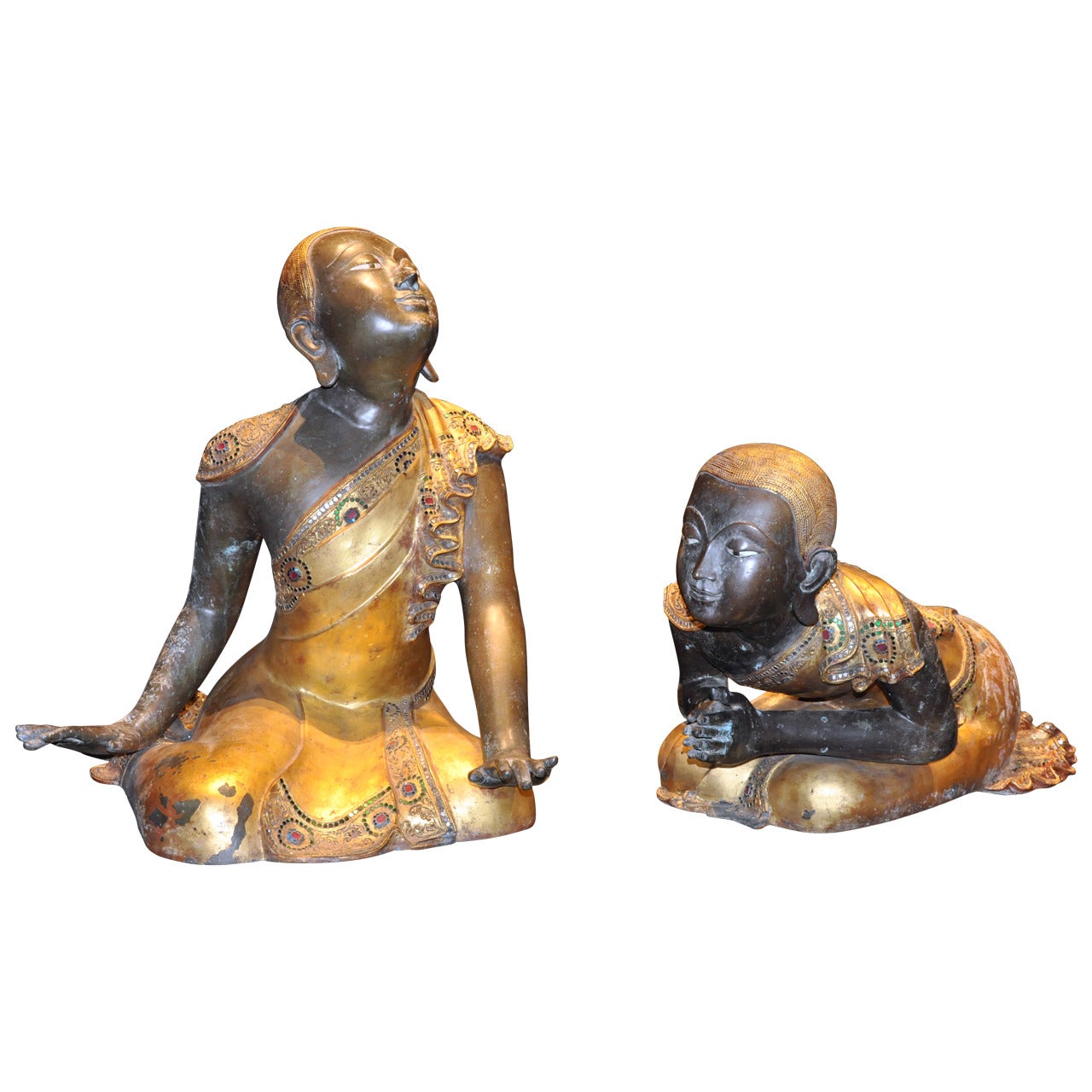 Paar buddhistische Prediger aus patinierter, vergoldeter Bronze im Angebot