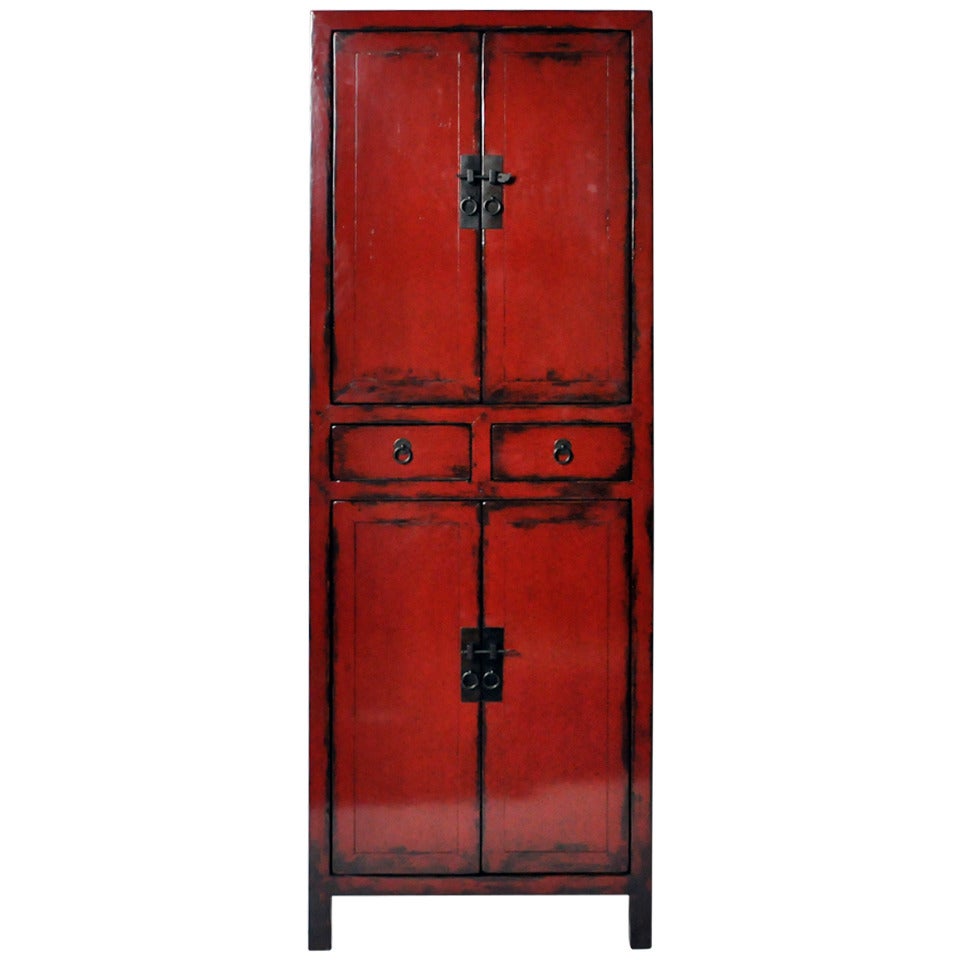 19th Century Narrow Cabinet with Red Lacquer