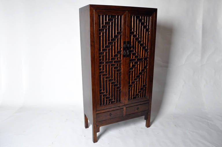 Chinese Pair of 19th Century Cabinets with Lattice Doors