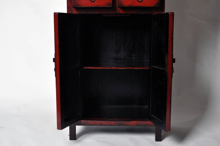 Elm 19th Century Narrow Cabinet with Red Lacquer