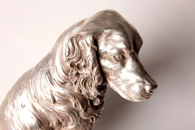Italian Ceramic Sculpture of a Dog Covered with Silver Plated Metal by A. Santini