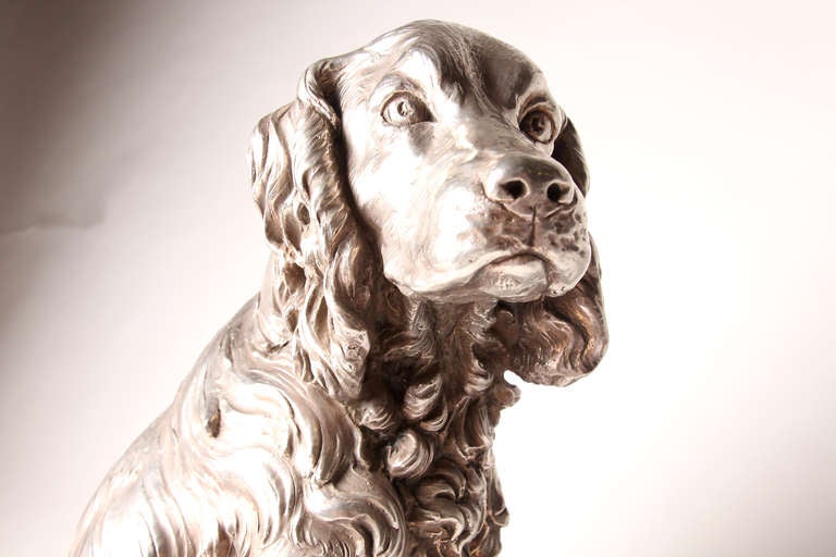 Ceramic Sculpture of a Dog Covered with Silver Plated Metal by A. Santini In Excellent Condition In Chicago, IL