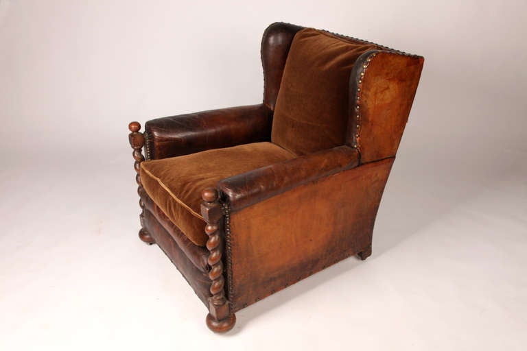 French Leather Arm Chair with Wood Posts at 1stDibs