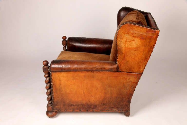 French Leather Arm Chair with Wood Posts at 1stDibs