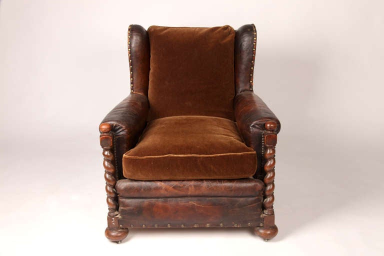 French Leather Arm Chair with Wood Posts at 1stDibs