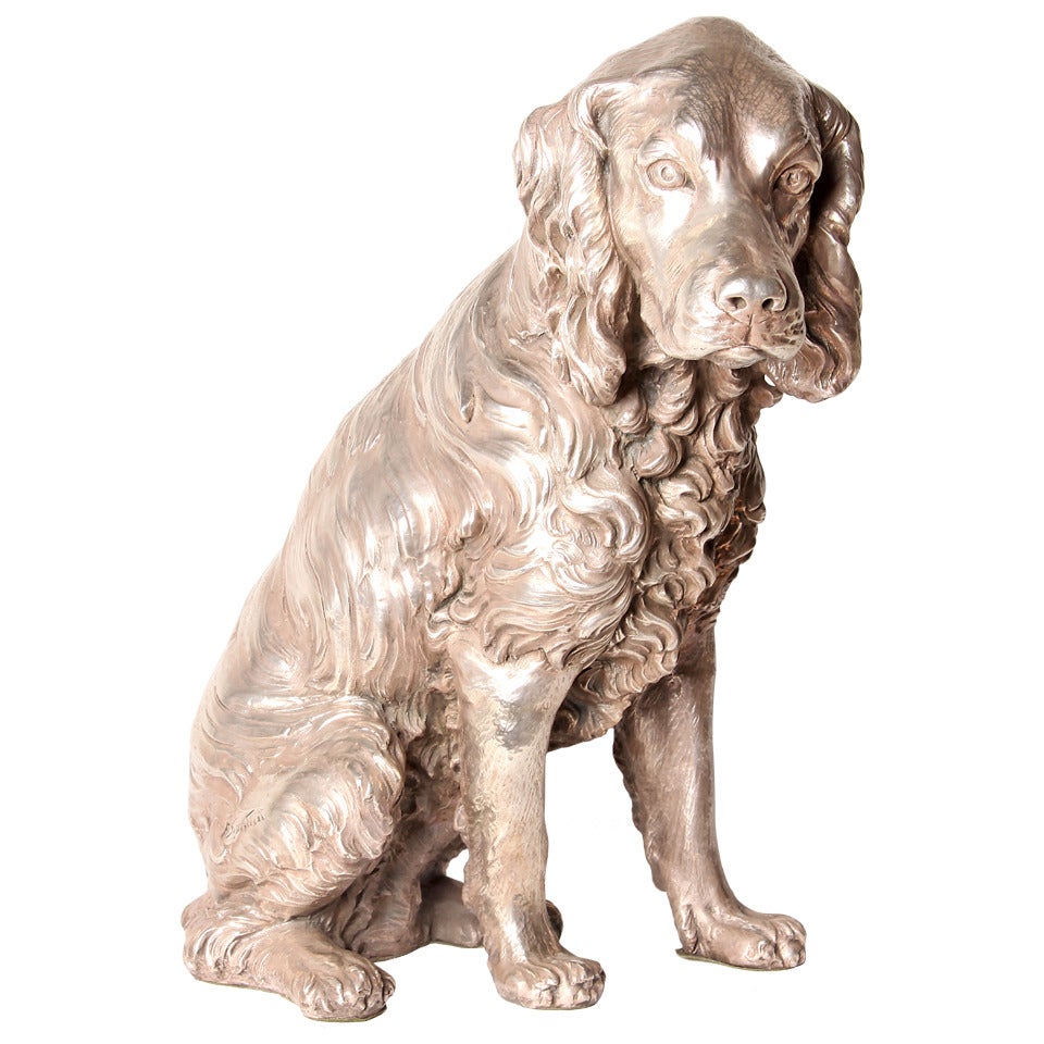 Ceramic Sculpture of a Dog Covered with Silver Plated Metal by A. Santini