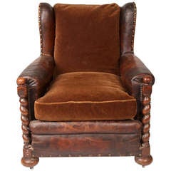 French Leather Arm Chair with Wood Posts