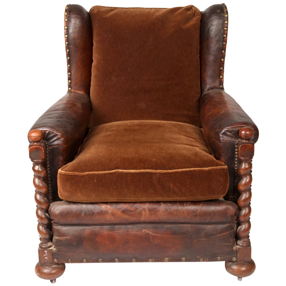 French Leather Arm Chair with Wood Posts at 1stDibs