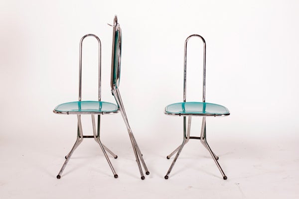Metal Folding Chair w/ Blue Plastic Seat
