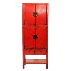 Antique Chinese Red Lacquered 2-Section Cabinet