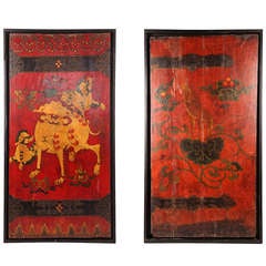 Antique Hand-Painted Red Lacquer Doors